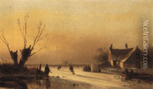 Skaters On A Frozen Lake Oil Painting - Nicolaas Johannes Roosenboom