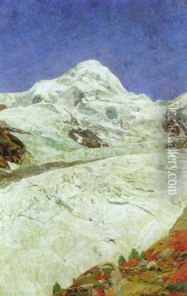 Bluhender Almrausch Am Fuss Des Gletschers Oil Painting - Karl Mediz