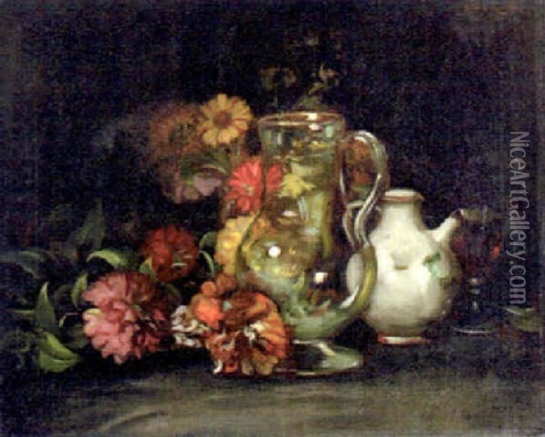 Zinnias And Water Pitcher Oil Painting - Julius Rolshoven