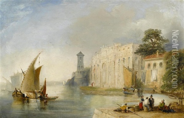 A Venetian Harbour Scene Oil Painting - David Roberts