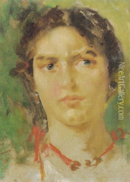 Ritratto Di Fanciulla Con Collana Rossa Oil Painting - Francesco Paolo Michetti