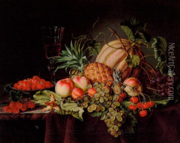 Opstilling Med Melon, Ananas, Jordbaer Samt Glas Med Rodvin Pa En Karm Oil Painting - Johan Frederik Damm