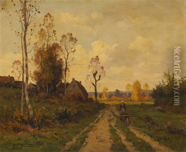 Landschaft Mit Feldweg Und Bauerin Oil Painting - Adolphe Morin