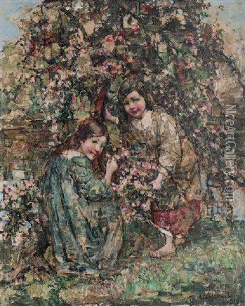 Picking Cherry Blossom Oil Painting - Edward Atkinson Hornel