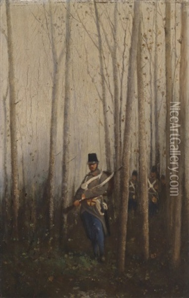 Wald Mit Soldaten Oil Painting - August Xaver Carl von Pettenkofen