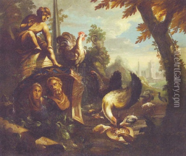 Poultry Feeding In A Garden By A Classical Statue, A Palace Beyond Oil Painting - Johann Conrad Mayr