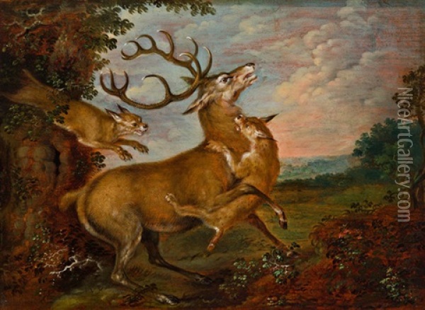 Hirsch Von Luchsen Angefallen Oil Painting - Jan van Kessel the Elder