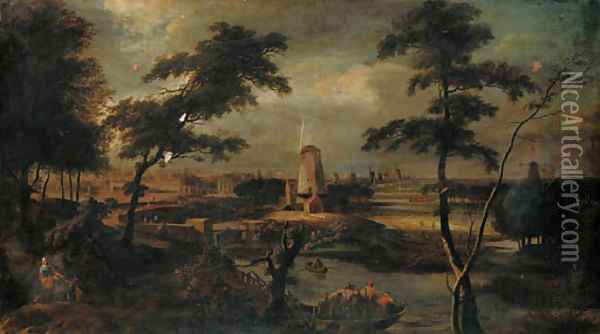 A distant view of Amsterdam with peasants in a ferry in the foreground Oil Painting - Gerard Edema