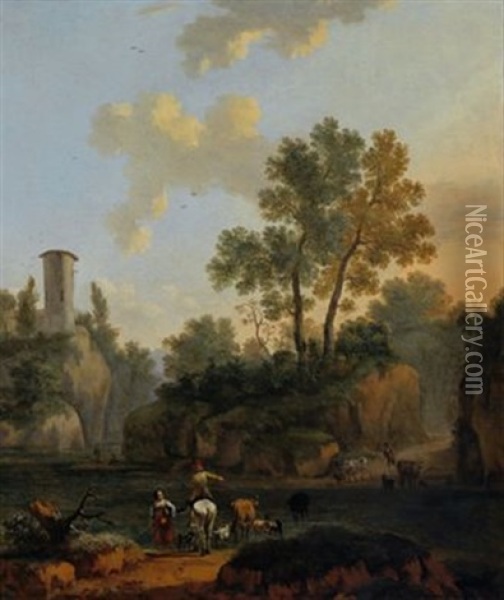 Italienische Landschaft Mit Einem Flusslauf, Einem Wachtturm Und Hirtenstaffage Oil Painting - Jacob De Heusch