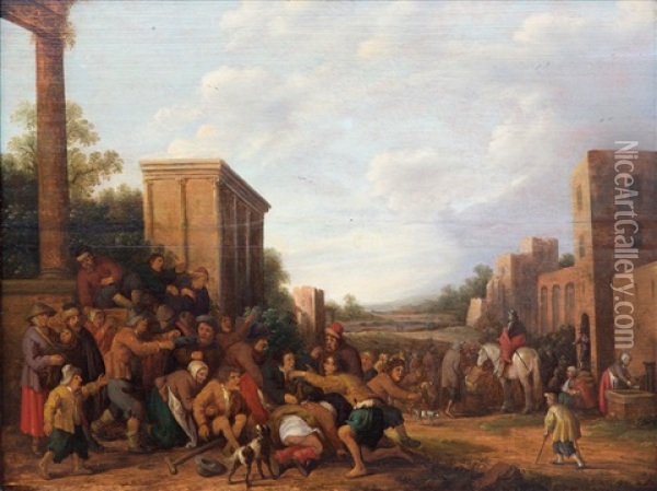The Village Brawl, Saint Martin In The Distance Oil Painting - Joost Cornelisz. Droochsloot
