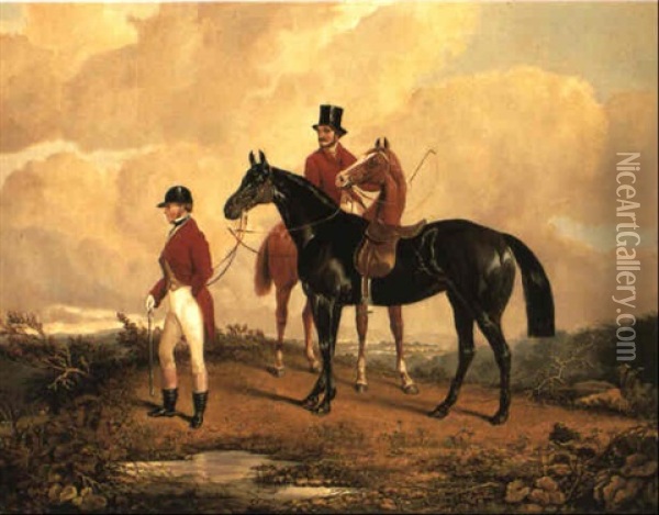 Two Huntsmen Overlooking A Bluff Oil Painting - Benjamin Herring Jr.