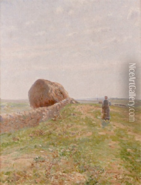 Landskap Med Kvinna Vid Stenmur - Solig Sommardag I Bretagne Oil Painting - Carl (August) Johansson