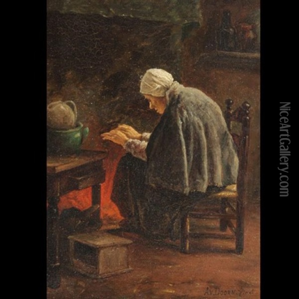 Woman By The Fire Oil Painting - Adriaan Van Doorn