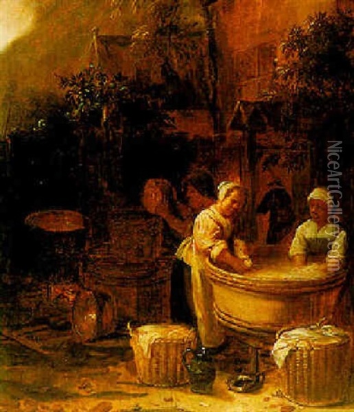 Peasants Washing In An Courtyard Oil Painting - Joos van Craesbeeck