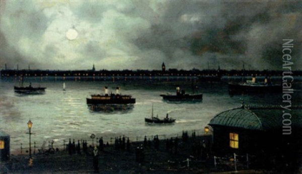 Shipping On A Moonlit River Oil Painting - Walter Linsley Meegan