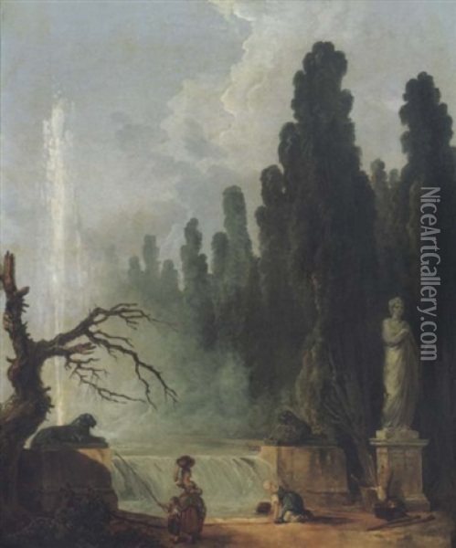 A Fountain With Figures And Statuary In A Parkland Setting Oil Painting - Hubert Robert