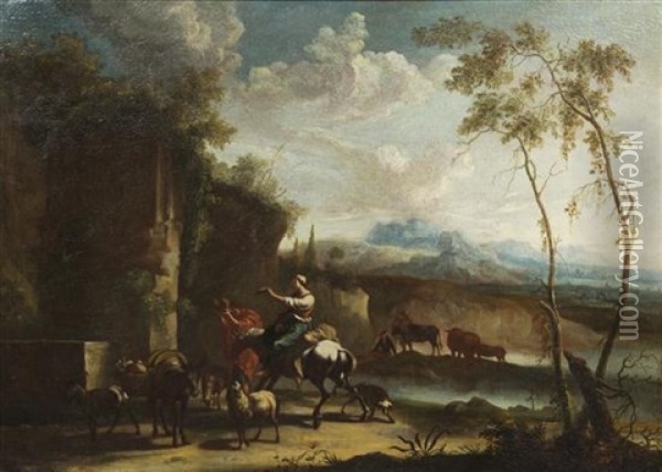Landskap Med Herdar Och Herdinnor Oil Painting - Johannes van der Bent