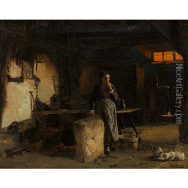 Kucheninterieur Mit In Gedanken Versunkener Magd Oil Painting - Marc Louis Benjamin Vautier the Elder