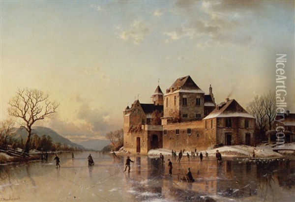 A Village On The Rhine In Winter Oil Painting - Johannes Bartholomaeus Duntze