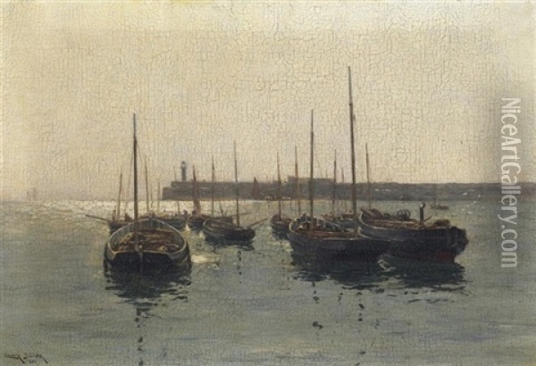 Im Hafen. Ankernde Fischerboote Im Abendlicht Oil Painting - Erwin Carl Wilhelm Guenther