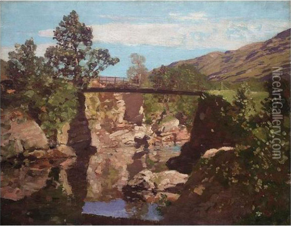 The Old Bridge On The River Orchy, Argyllshire Oil Painting - George Houston