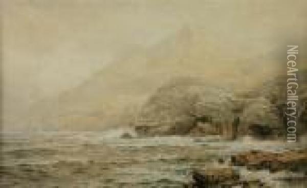 American, - Waves Crashingagainst Cliffs Oil Painting - William Trost Richards