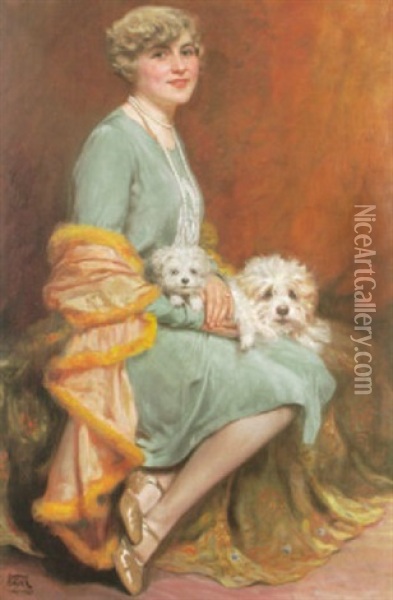 Portrait Einer Blonden Dame Mit Perlkette Und Zwei Schoshunden Oil Painting - Gustav Bauer