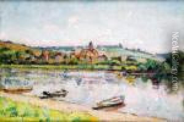 Barques A Vetheuil, Circa 1900 Oil Painting - Louis Alphonse Abel Lauvray