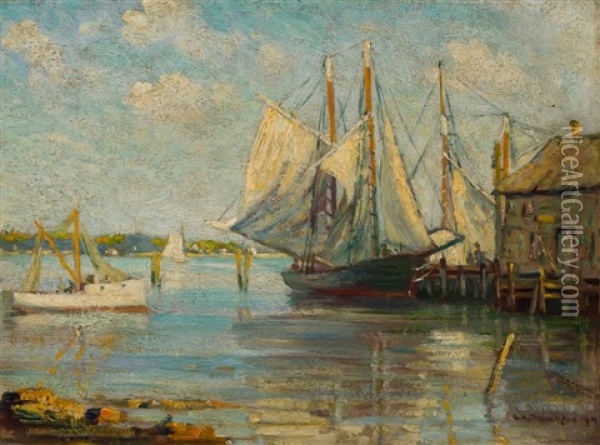Boats In Harbor Oil Painting - George Albert Thompson