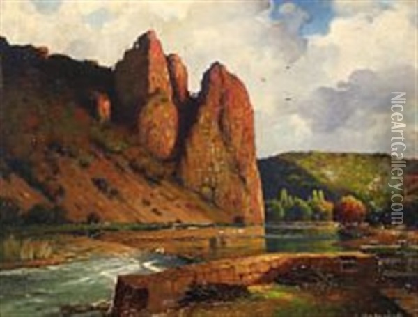 Riverscape With Steep Mountains Oil Painting - Alexandr Vladimirovich Makovsky