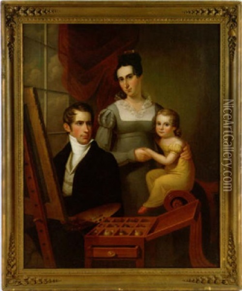 Family Portrait Of The Artist Holding A Palette And Sitting At His Easel With His Wife, Catherine Hookey Drexel And His Daughter, Mary Johanna Drexel Posing Behind Him Oil Painting - Francis Martin Drexel