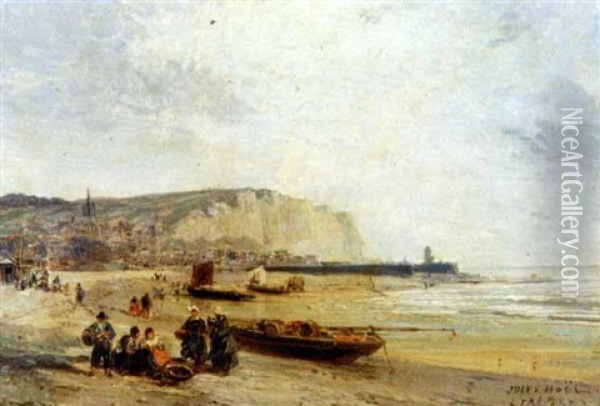 La Plage Animee Au Treport Oil Painting - Jules Achille Noel