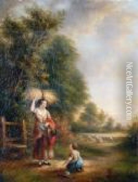 Mother And Child Returning Home From Harvest Oil Painting - Snr William Shayer