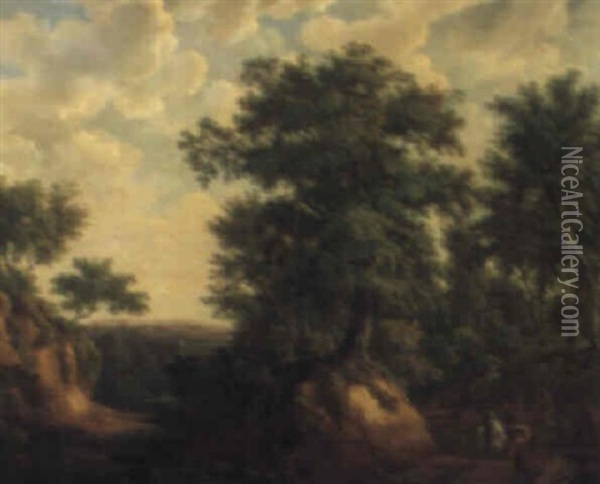 Figures On A Path In A Woodland Landscape Oil Painting - Maximilien Lambert Gelissen