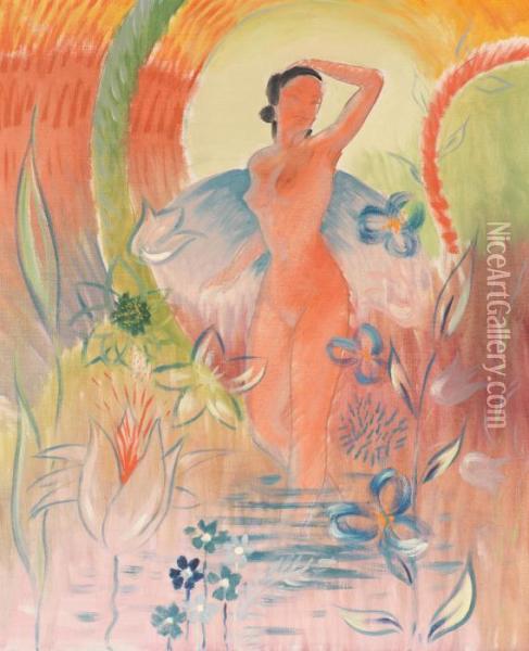 Kvinna I Landskap Med Blommor Mot Solnedgang Oil Painting - Isaac Grunewald