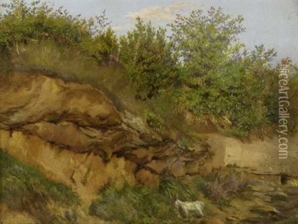 Sommerliche Landschaft Mit Erdhang, Im Vordergrund Ein Grasendes Zicklein Oil Painting - Traugott Schiess