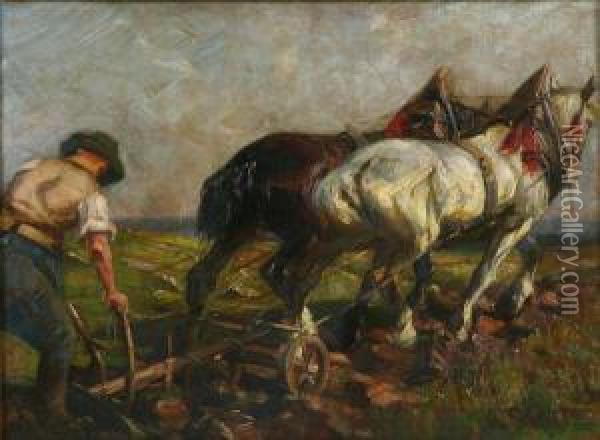 Team Of Horses Plowing The Fields Oil Painting - Heinrich Schutz