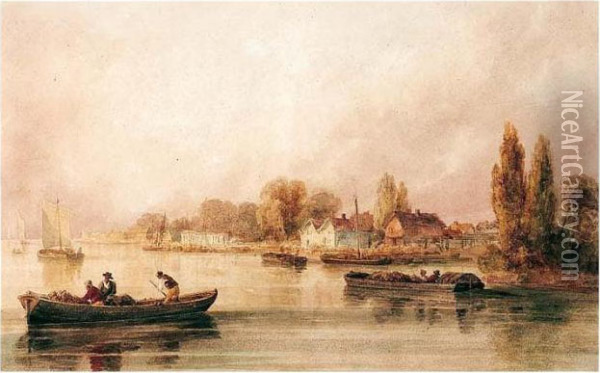 Barges On A River Oil Painting - Peter de Wint