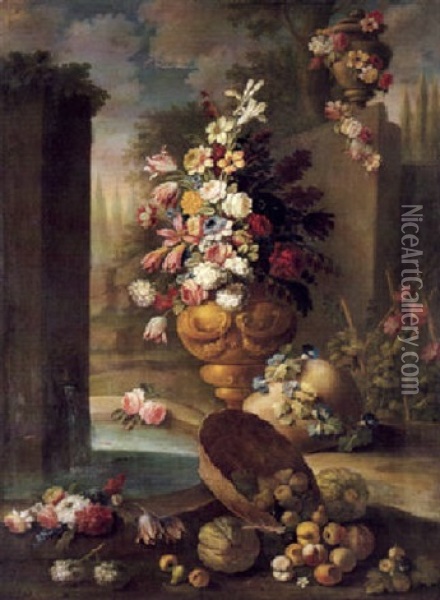 Still Life Of Flowers In An Urn With Fruit In A Garden      Setting Oil Painting - Gasparo Lopez