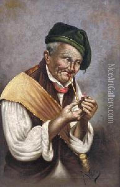 Old Man With Pipe Oil Painting - F. Vitale