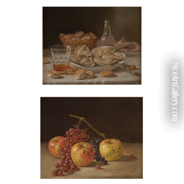 Still Life With Oysters (+ Still Life With Grapes And Apples; 2 Works) Oil Painting - John F. Francis