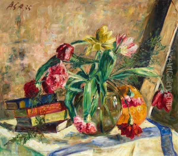 Stillleben Mit Blumenstraus Und Buchern Oil Painting - Albert Schiestl-Arding