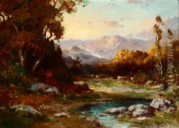 Cattle Grazing Near A River In A Wooded Landscape Oil Painting - Alexis Matthew Podchernikoff