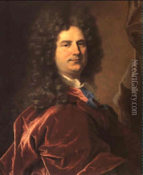 Portrait D'un Gentilhomme, En Buste, Portant Une Perruque,  Une Chemise Blanche Avec Un Ruban Bleu Et Un Manteau En Oil Painting - Hyacinthe Rigaud