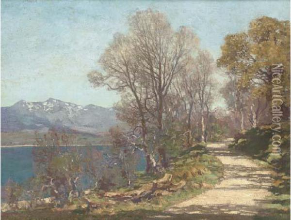 Sunlit Road By A Loch Oil Painting - George Houston