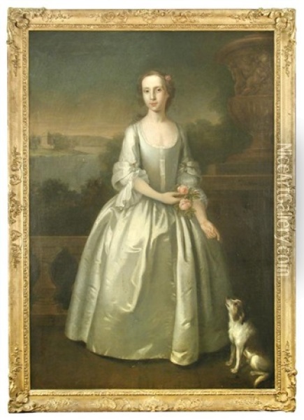 Portrait Of A Lady With Her Small Dog By A Loch Oil Painting - William Denune