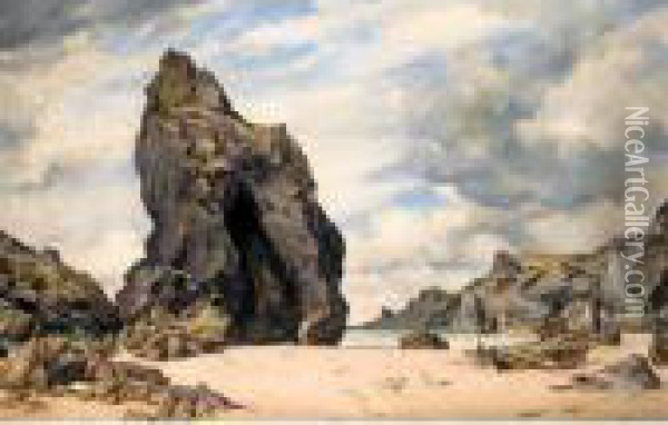 Steeple Rock, Kynance Cove, Lizard, Cornwall, Low Water Oil Painting - Edward William Cooke