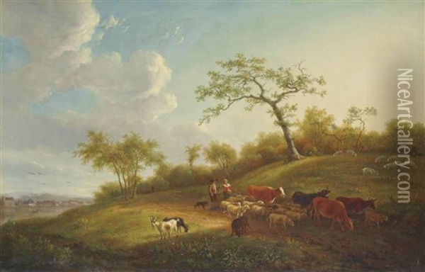 A Landscape With Drovers And Their Herd On A Track, A Village Beyond Oil Painting - Jean-Baptiste De Roy