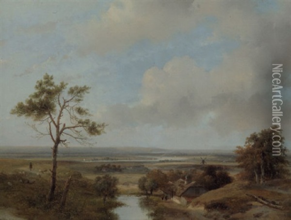 A Panoramic Dune Landscape In The Vicinity Of Haarlem With Villagers Conversing By A Barn In The Foreground Oil Painting - Andreas Schelfhout