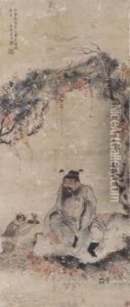 Zhong Kui Drinking By A Tree Oil Painting - Luo Ping